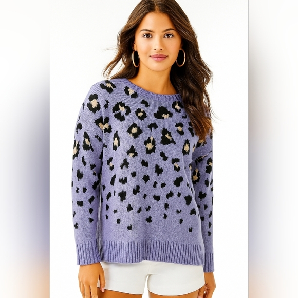 Nine West Oversized Cheetah Print Sweater Women L Purple Preppy Cozy Soft Knit - Picture 1 of 7